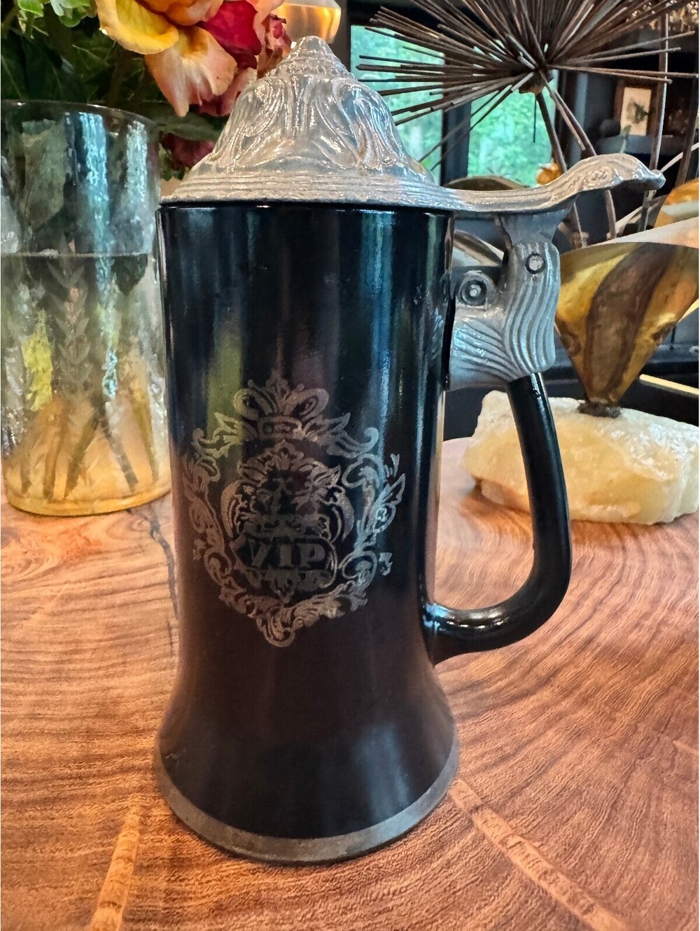 Vintage Princess House VIP Black Glass Beer Stein with Lid - Excellent Condition
